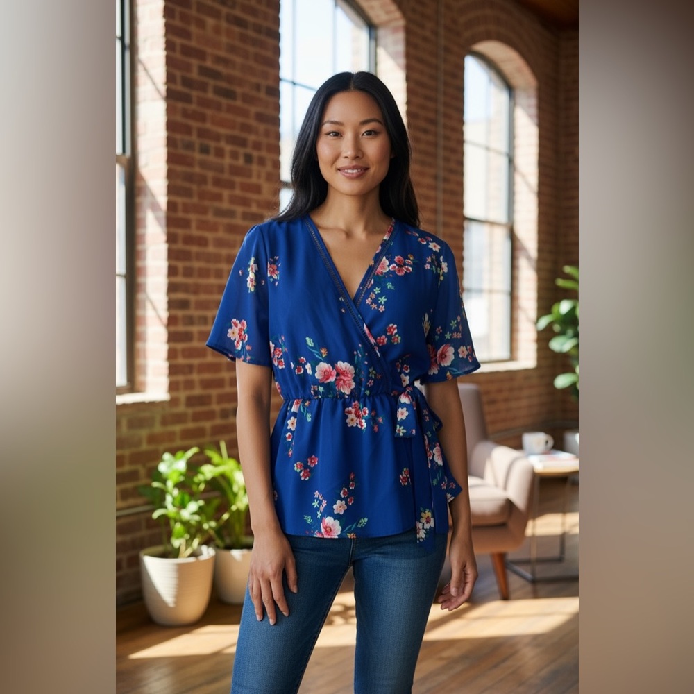 #580 Blue Floral Blouse with Tie Front